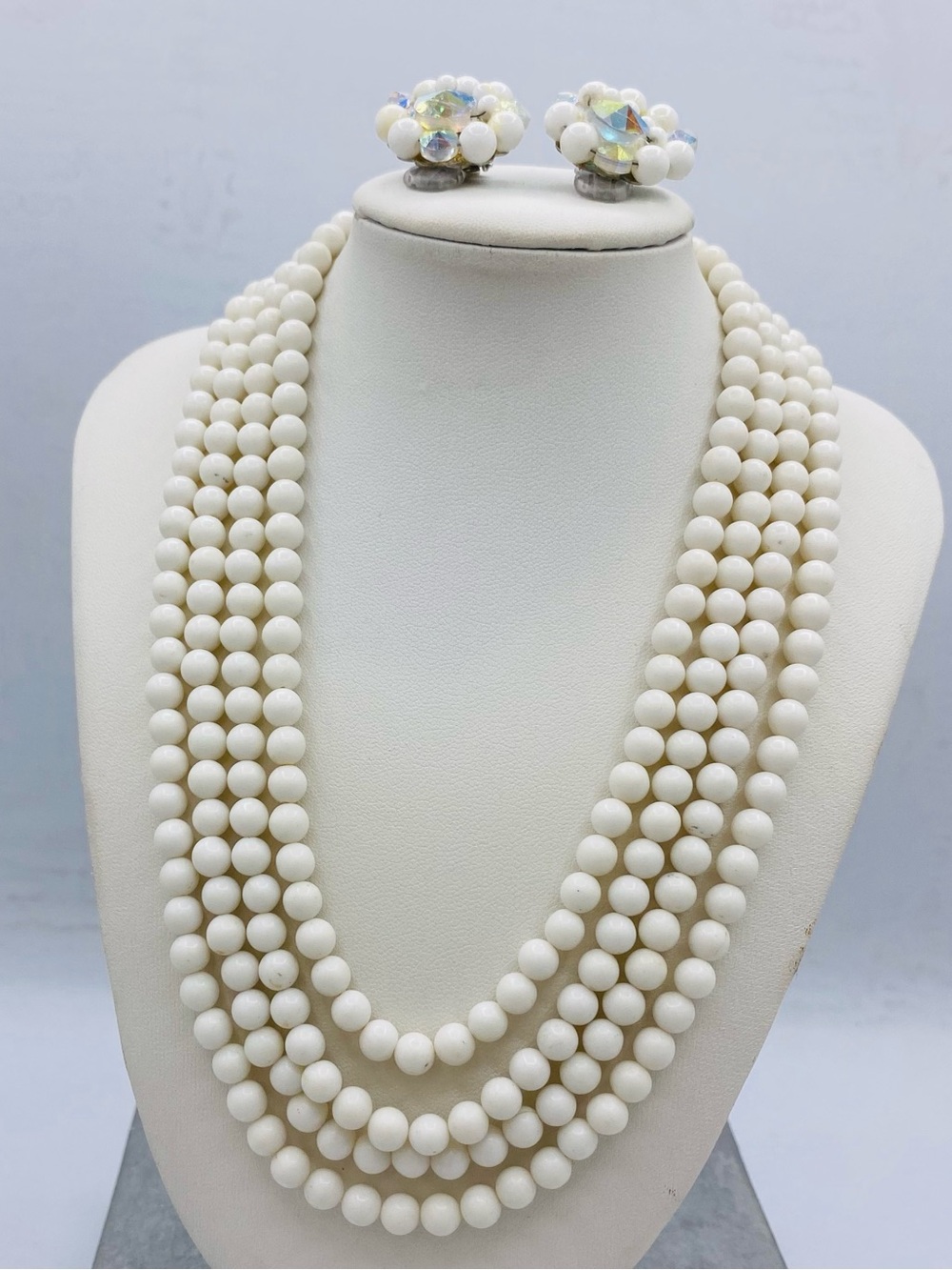 Vintage Multi-Strand White Bead Choker Necklace with Clip On Earrings Set